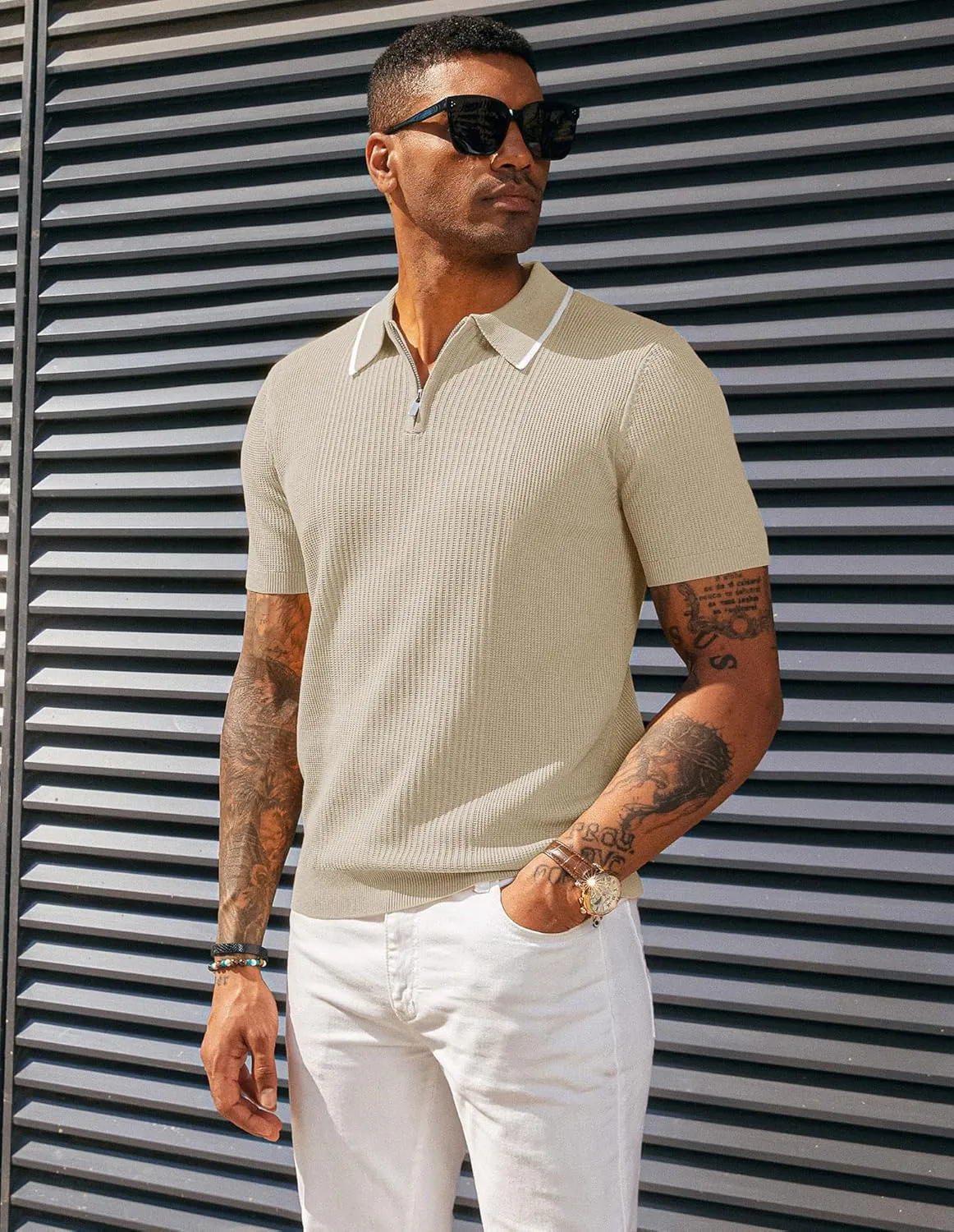 PJ PAUL JONES Men's Quarter Zip Polo Shirts Contrast Collar Knit Polo Shirt Short Sleeve Polos
