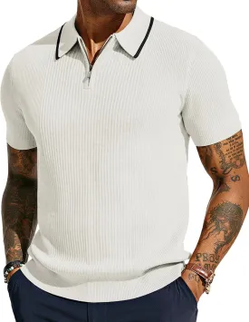 PJ PAUL JONES Men's Quarter Zip Polo Shirts Contrast Collar Knit Polo Shirt Short Sleeve Polos