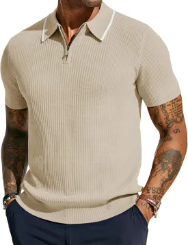 PJ PAUL JONES Men's Quarter Zip Polo Shirts Contrast Collar Knit Polo Shirt Short Sleeve Polos