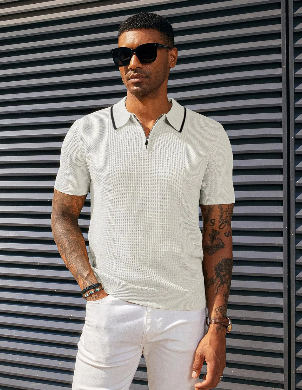PJ PAUL JONES Men's Quarter Zip Polo Shirts Contrast Collar Knit Polo Shirt Short Sleeve Polos