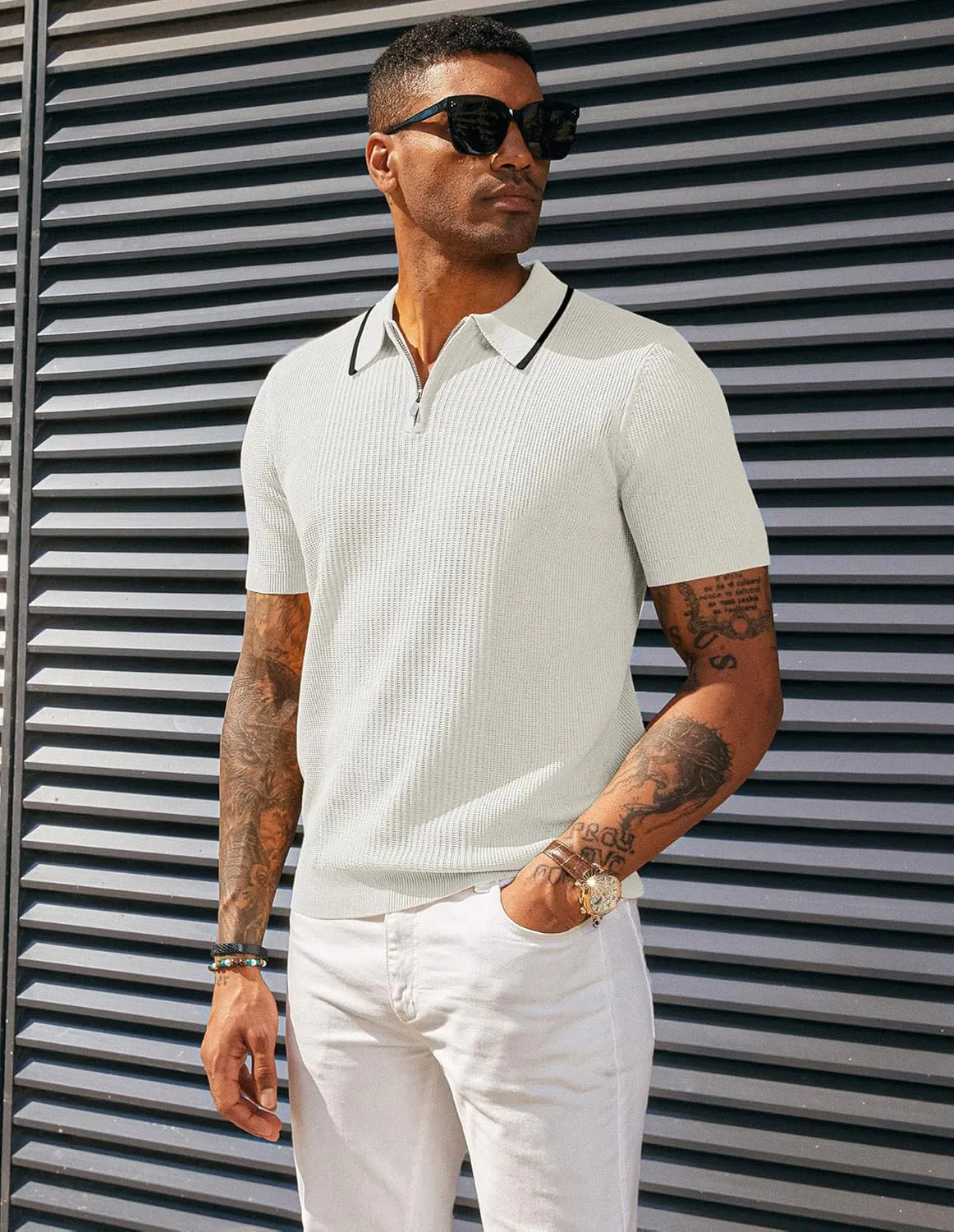 PJ PAUL JONES Men's Quarter Zip Polo Shirts Contrast Collar Knit Polo Shirt Short Sleeve Polos
