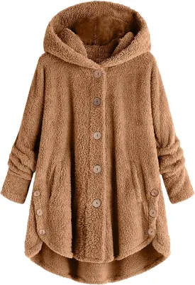 Plus Size Sherpa Tops For Women Casual Loose Button Down Hooded Fuzzy Fleece Jackets Warm Winter Loungewear