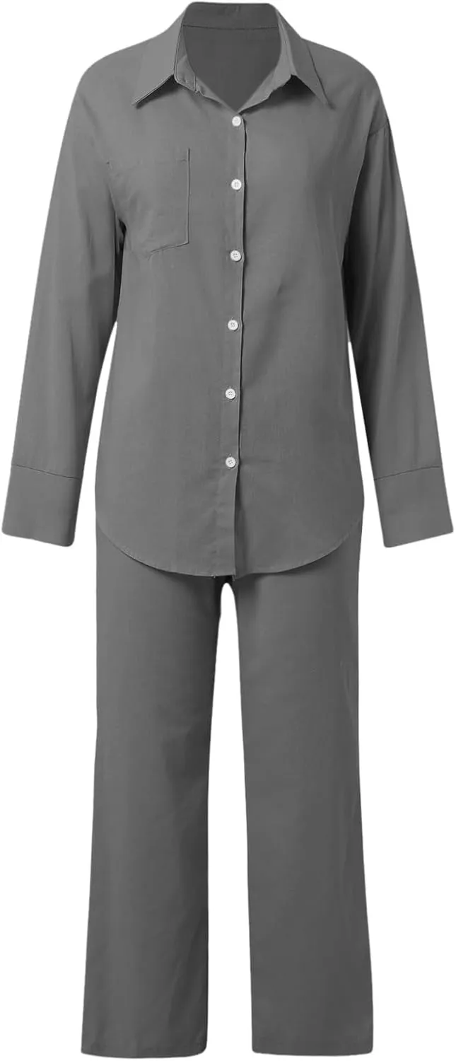 PTOLOCIF Two Piece Sets for Women Casual 2 Piece Outfit Long Sleeve Button down Shirt Wide Leg Long Pants Sets Streetwear