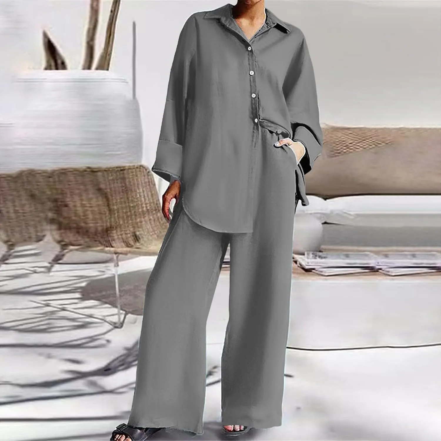 PTOLOCIF Two Piece Sets for Women Casual 2 Piece Outfit Long Sleeve Button down Shirt Wide Leg Long Pants Sets Streetwear