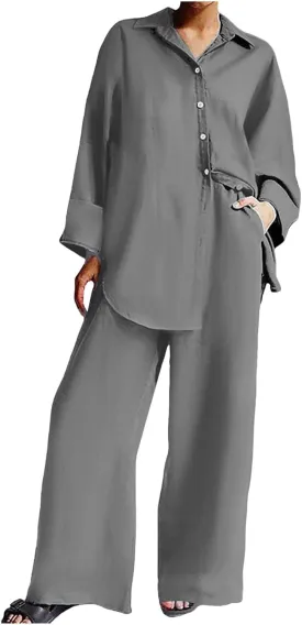 PTOLOCIF Two Piece Sets for Women Casual 2 Piece Outfit Long Sleeve Button down Shirt Wide Leg Long Pants Sets Streetwear