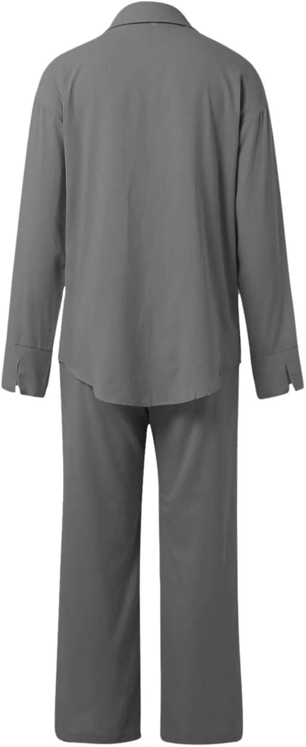 PTOLOCIF Two Piece Sets for Women Casual 2 Piece Outfit Long Sleeve Button down Shirt Wide Leg Long Pants Sets Streetwear