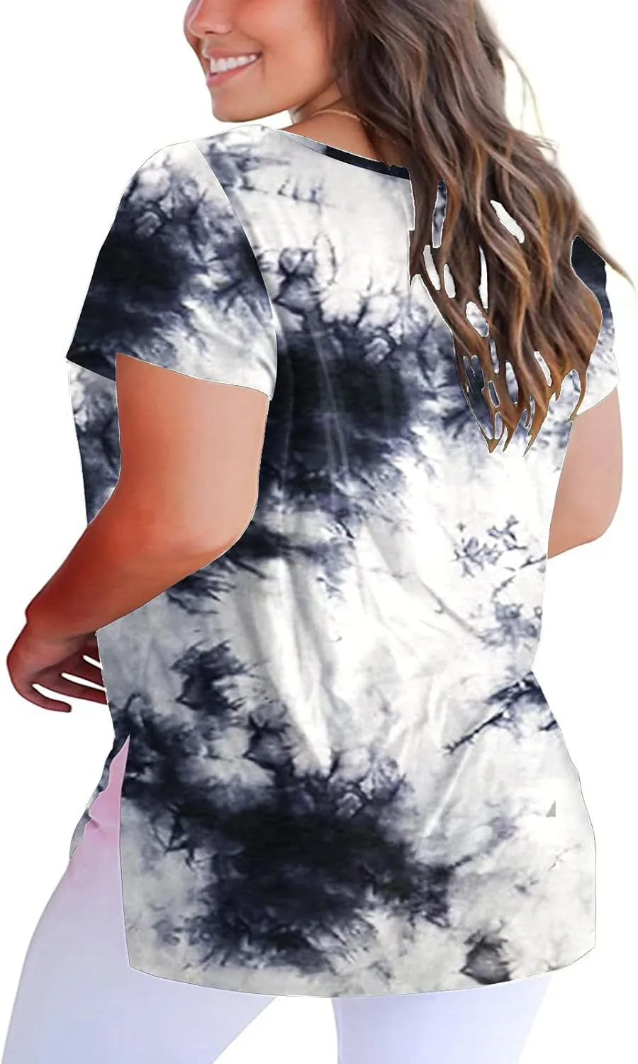 ROSRISS Womens Plus Size Short Sleeve T Shirt V Neck High Low Tops Blouse Tunics with Side Split