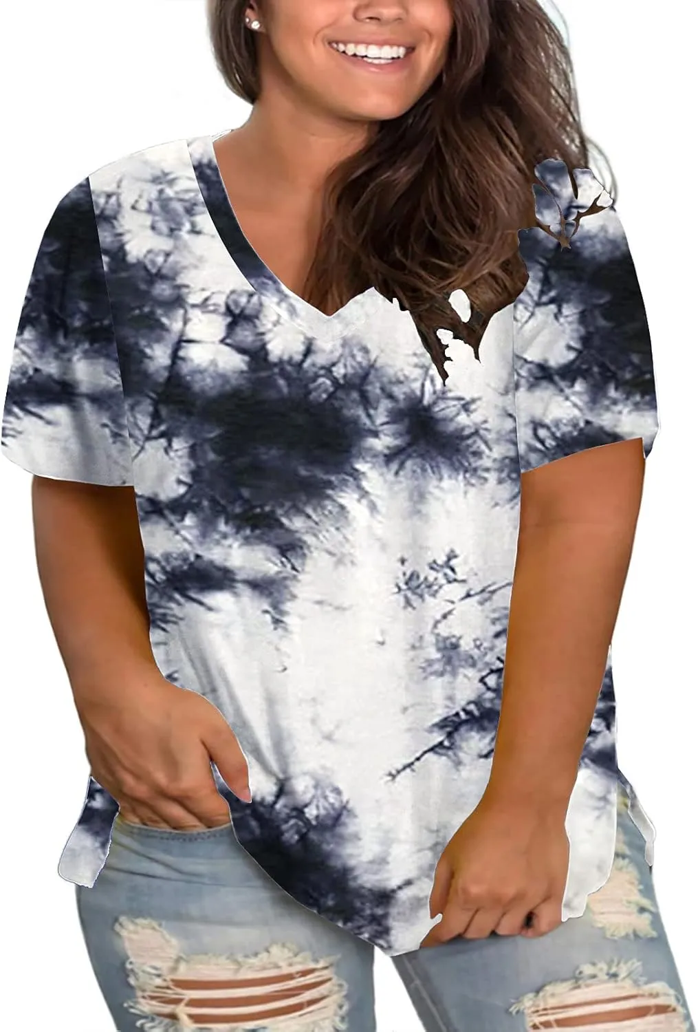 ROSRISS Womens Plus Size Short Sleeve T Shirt V Neck High Low Tops Blouse Tunics with Side Split