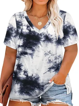 ROSRISS Womens Plus Size Short Sleeve T Shirt V Neck High Low Tops Blouse Tunics with Side Split