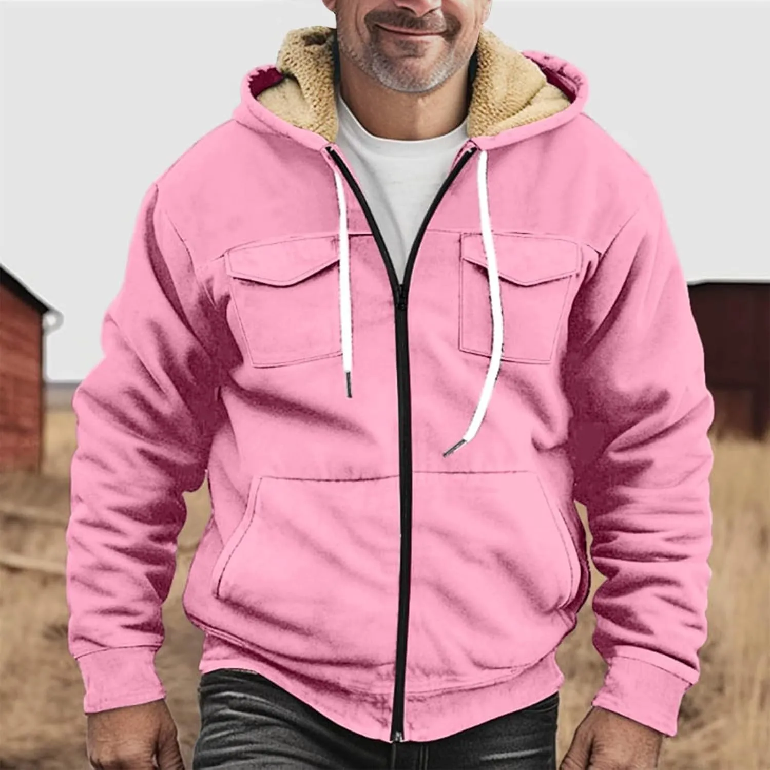 RTRDE Mens Fuzzy Jacket Casual Solid Color Sherpa Fleece Lined Hoodie Jackets Winter Warm Work Coats Jacket, S-5XL