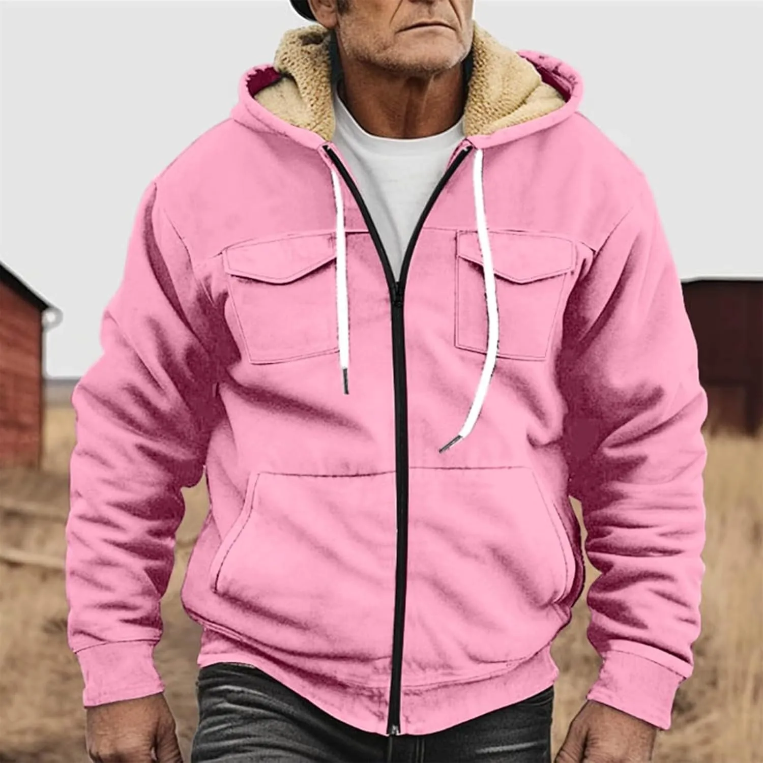 RTRDE Mens Fuzzy Jacket Casual Solid Color Sherpa Fleece Lined Hoodie Jackets Winter Warm Work Coats Jacket, S-5XL