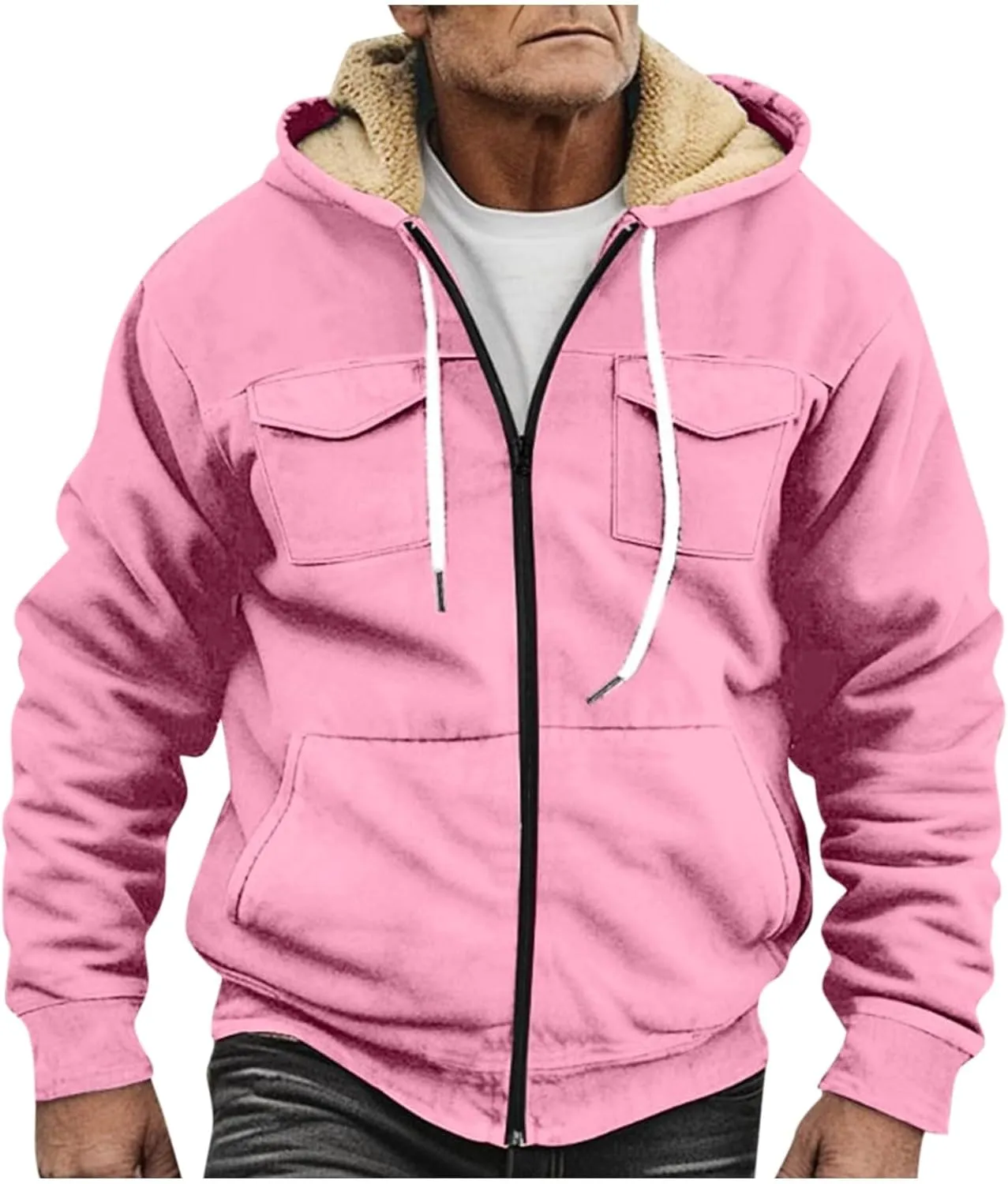 RTRDE Mens Fuzzy Jacket Casual Solid Color Sherpa Fleece Lined Hoodie Jackets Winter Warm Work Coats Jacket, S-5XL