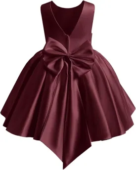 Satin Flower Girl Dress Knee Length Short First Communion Dresses for Girls Kids Bow-Knot Princess Birthday Gowns