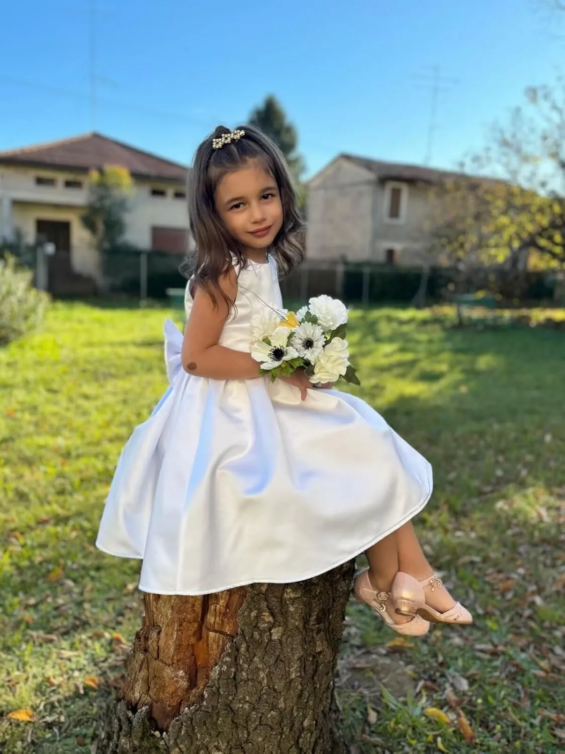 Satin Flower Girl Dress Knee Length Short First Communion Dresses for Girls Kids Bow-Knot Princess Birthday Gowns