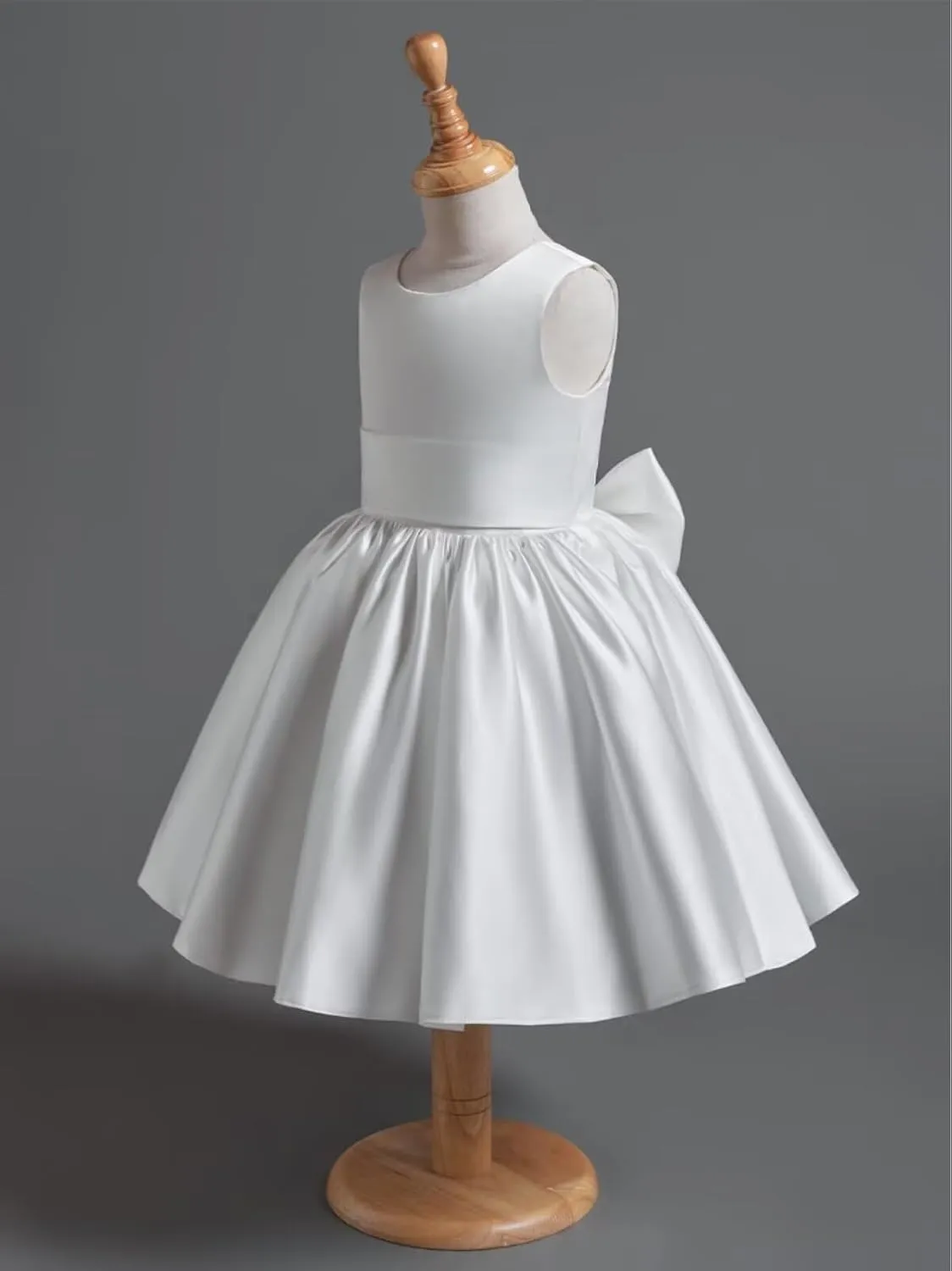 Satin Flower Girl Dress Knee Length Short First Communion Dresses for Girls Kids Bow-Knot Princess Birthday Gowns