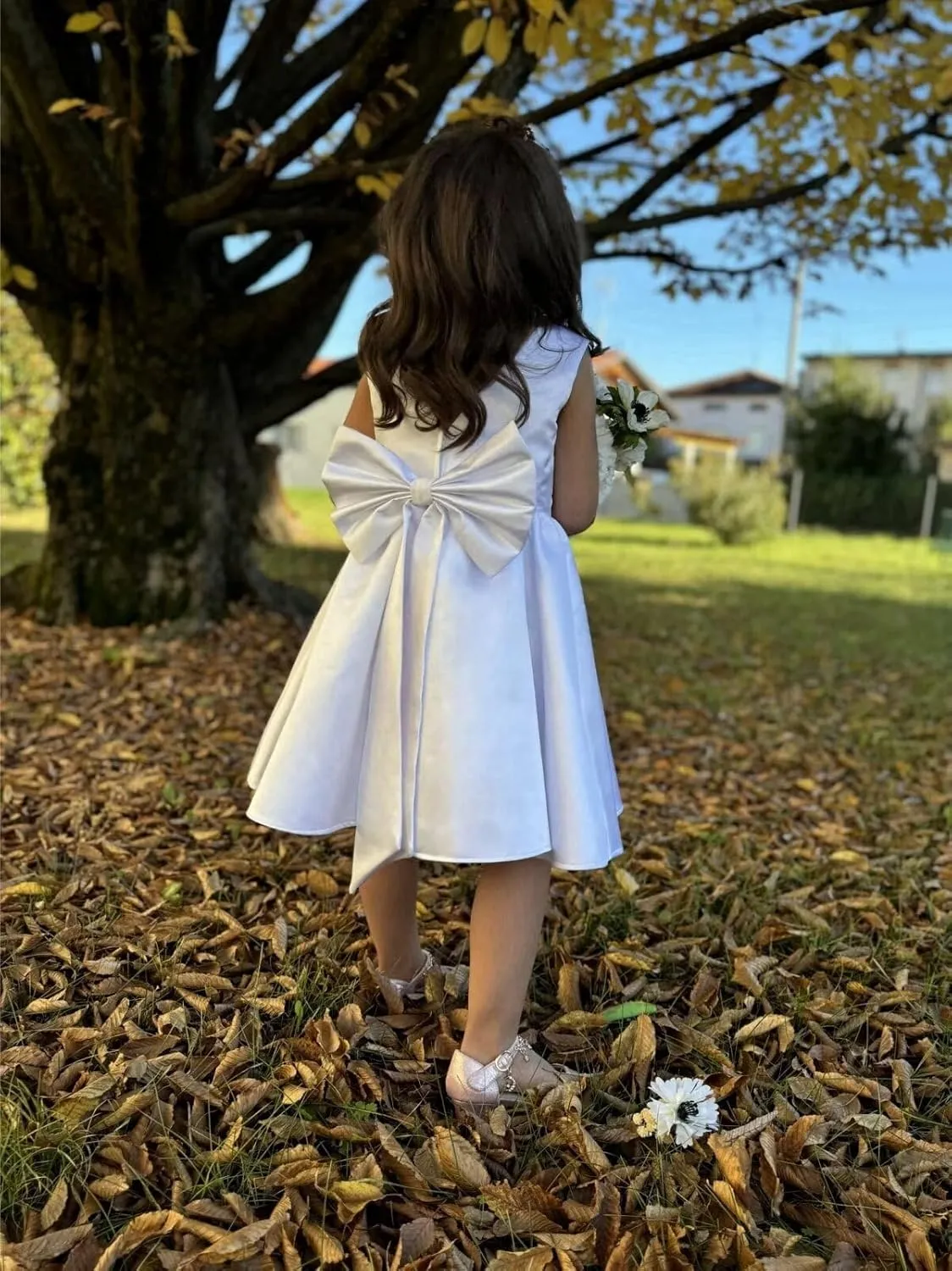 Satin Flower Girl Dress Knee Length Short First Communion Dresses for Girls Kids Bow-Knot Princess Birthday Gowns