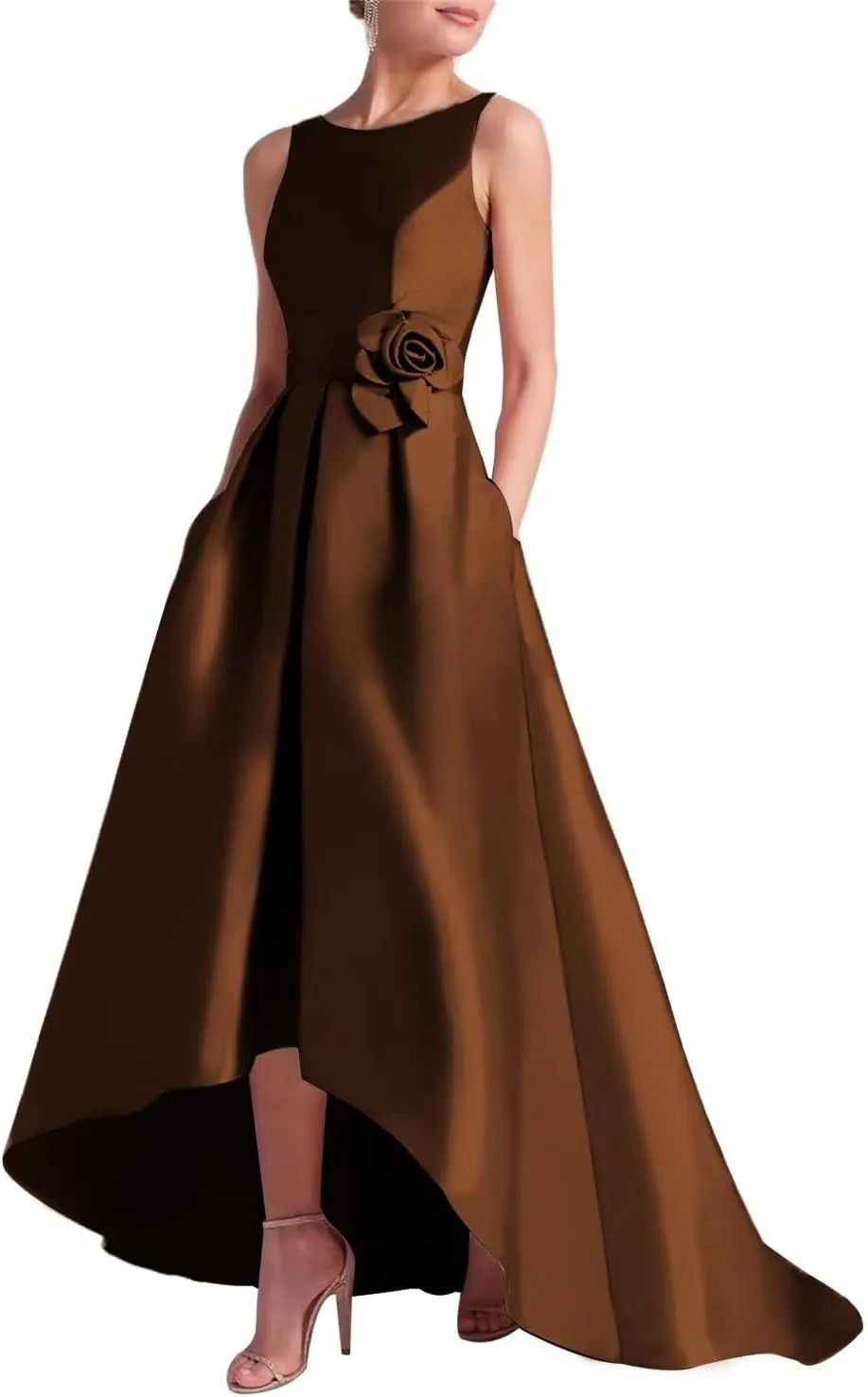 SHANDUAO 3D Flower Satin Mother of The Bride Dresses Hi-Low Formal Gown with Train