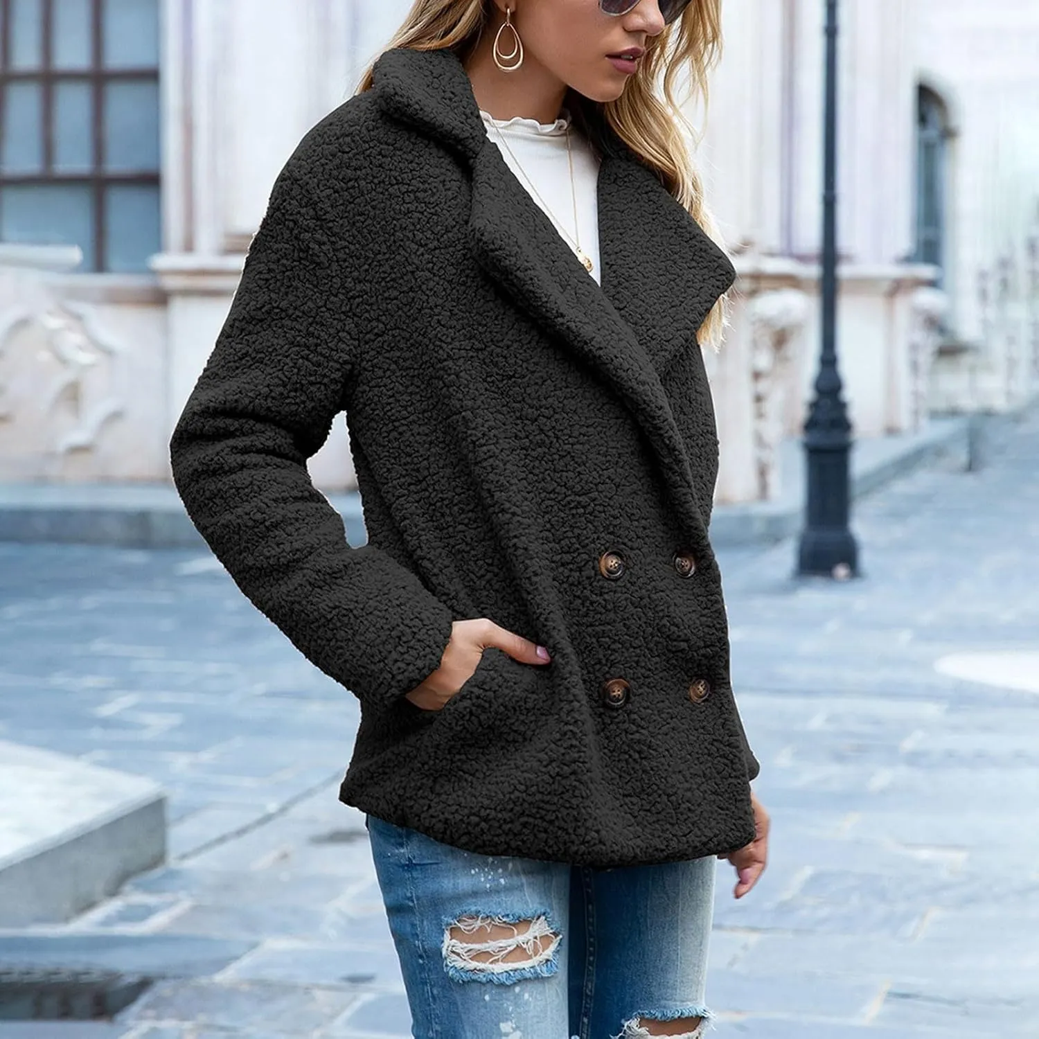 Sherpa Faux Fur Coat for Women Open Front Lapel Long Sleeve Sweater Blazer Fuzzy Teddy Fleece Jacket Winter Outfits