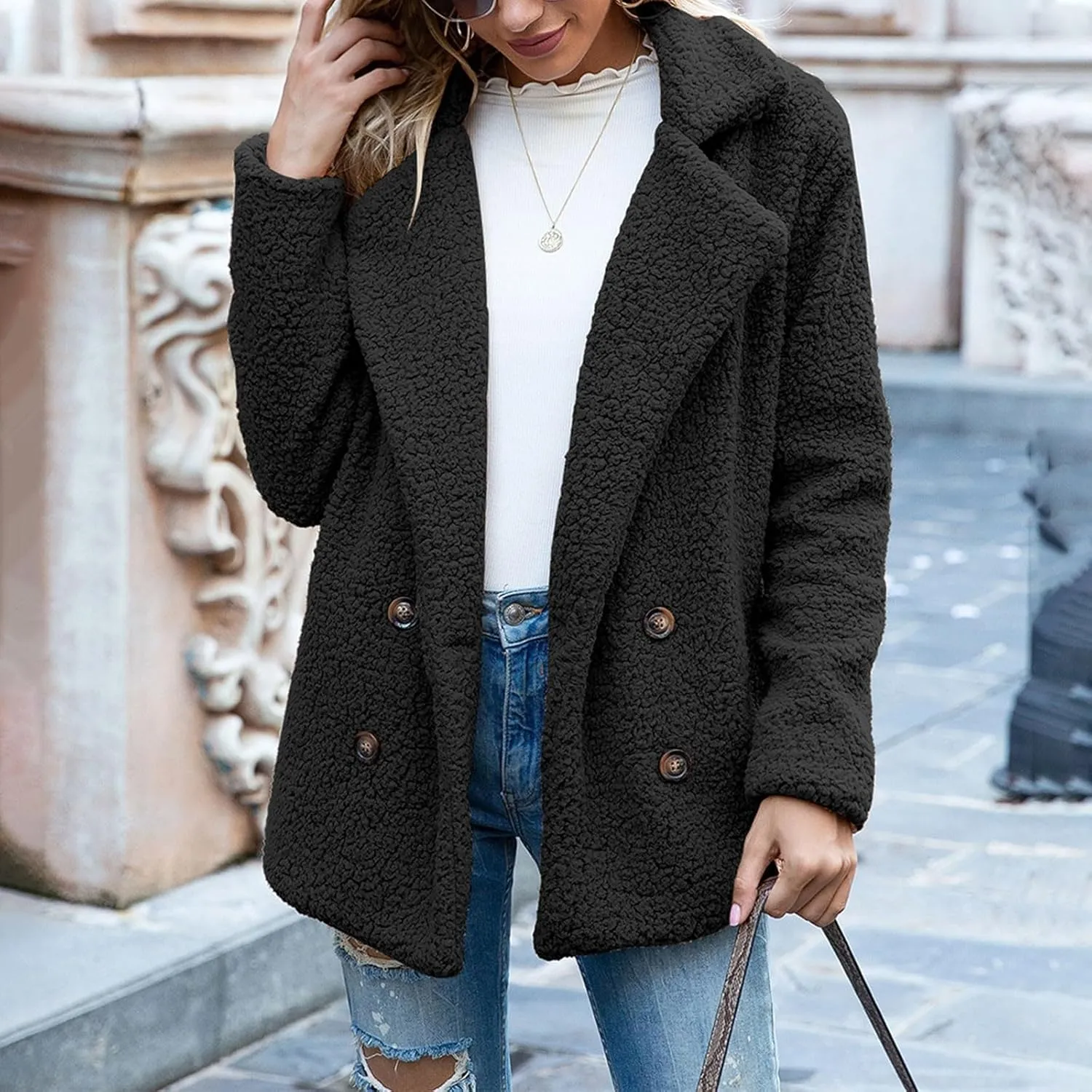 Sherpa Faux Fur Coat for Women Open Front Lapel Long Sleeve Sweater Blazer Fuzzy Teddy Fleece Jacket Winter Outfits