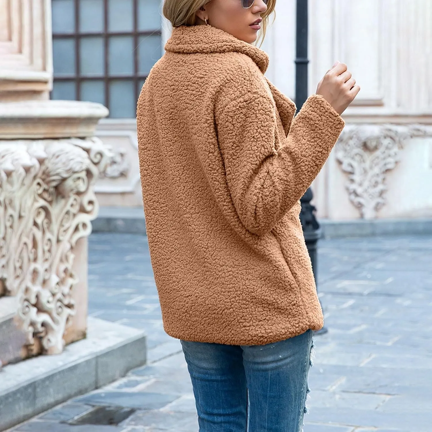 Sherpa Faux Fur Coat for Women Open Front Lapel Long Sleeve Sweater Blazer Fuzzy Teddy Fleece Jacket Winter Outfits
