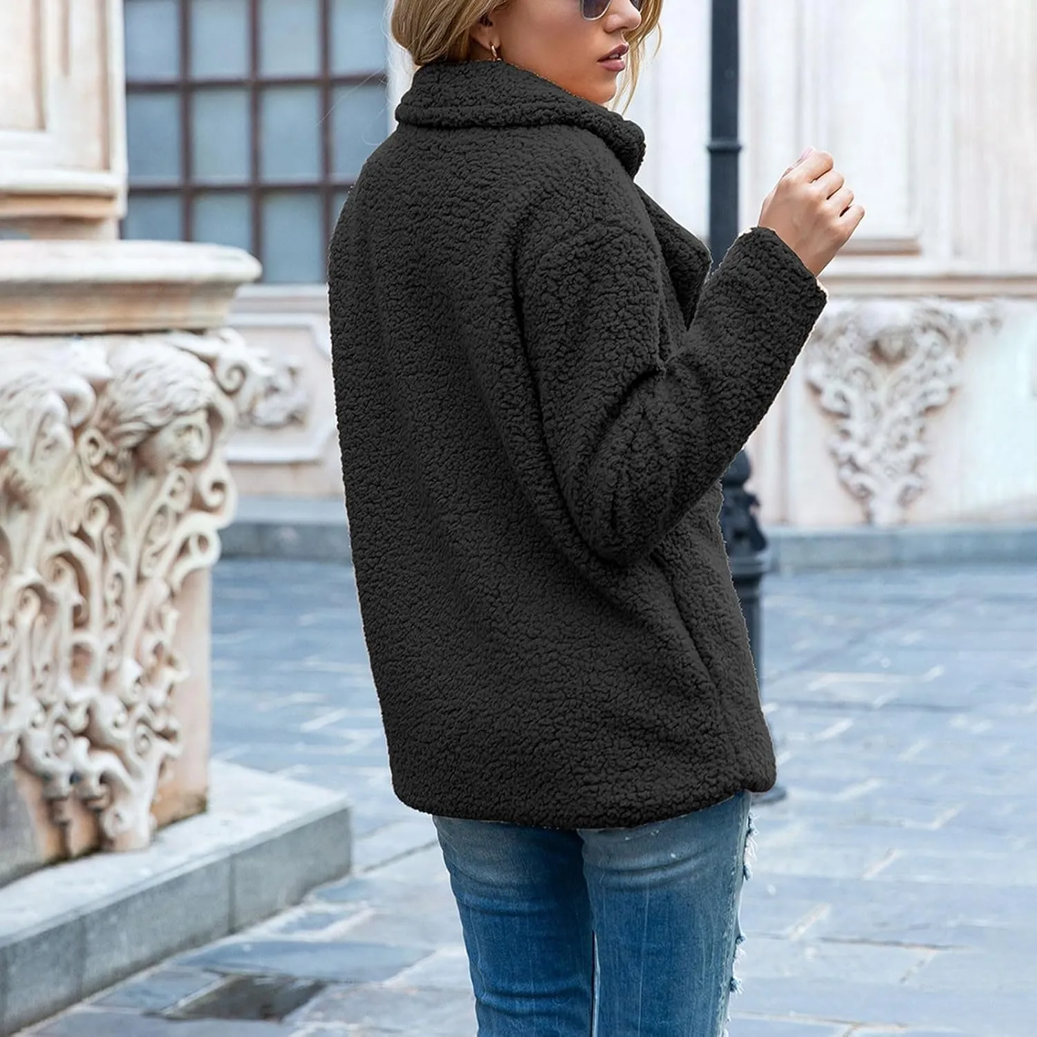 Sherpa Faux Fur Coat for Women Open Front Lapel Long Sleeve Sweater Blazer Fuzzy Teddy Fleece Jacket Winter Outfits