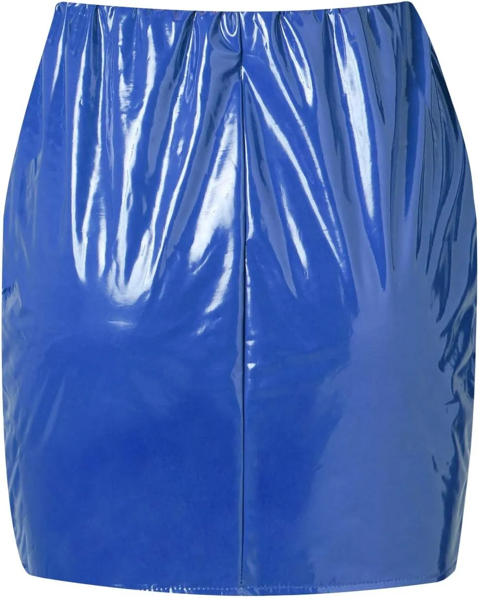 Springcmy Women Neon Leather Bodycon Mini Skirt Skirts Sexy Shiny Liquid Metallic Wet Look Latex Skirt