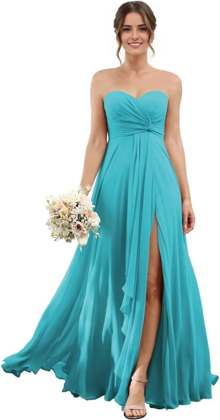Sweetheart Chiffon Bridesmaid Dresses with Slit Long Pleated Prom Dress Strapless Formal Party Gowns