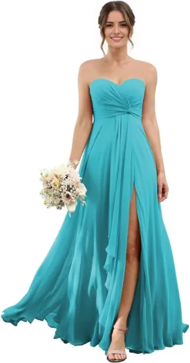 Sweetheart Chiffon Bridesmaid Dresses with Slit Long Pleated Prom Dress Strapless Formal Party Gowns