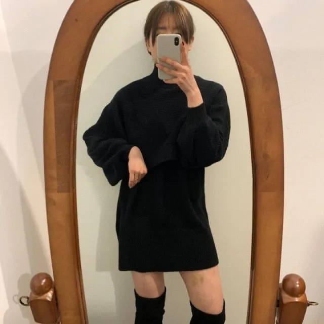 Two-piece Dress Sets Winter outfit Women Knitted Dress Fleece Set