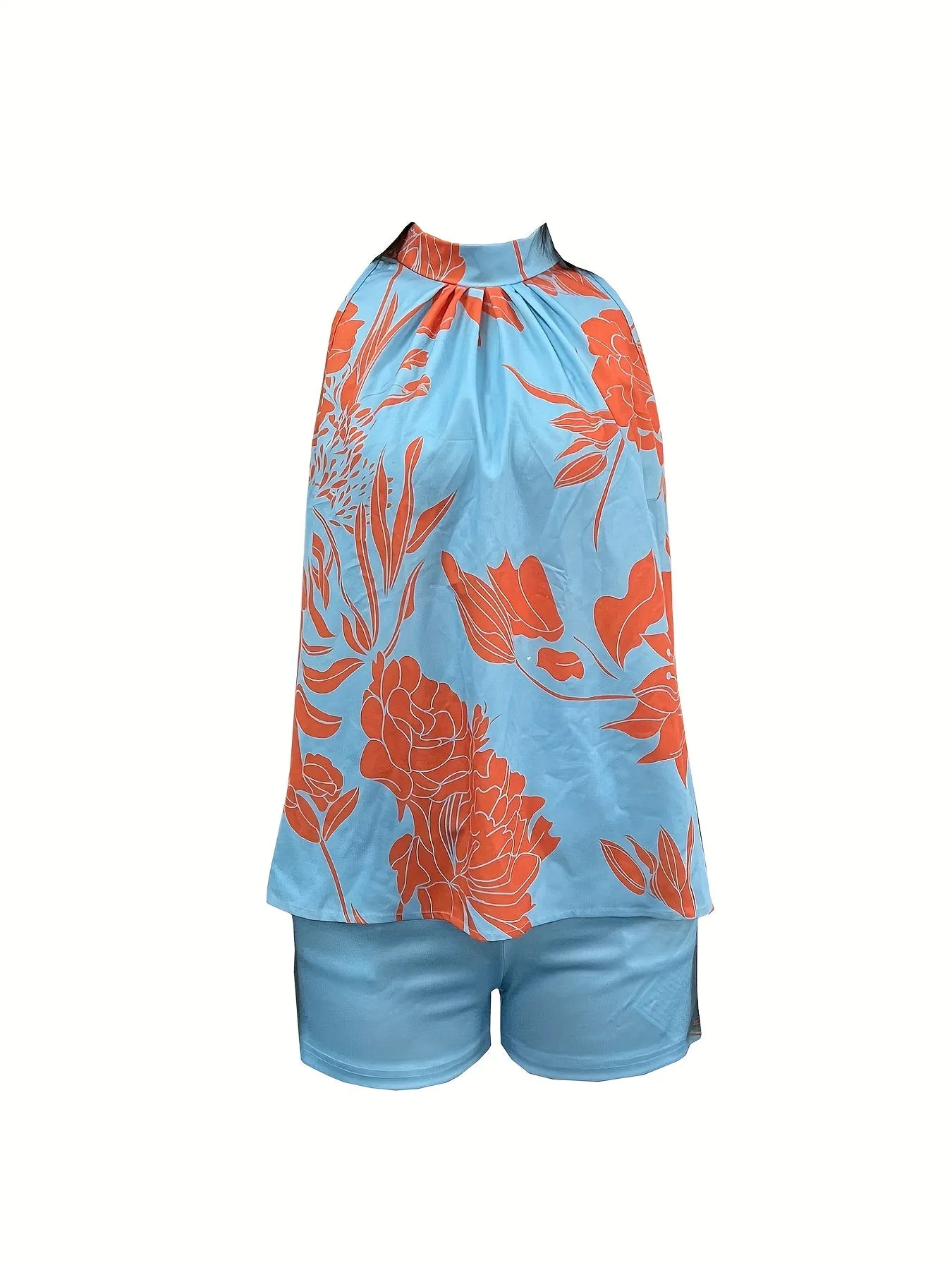 Two-Piece Floral Print Shorts Set - Sleeveless Blouse, Slant Pockets, Polyester Fabric, Casual Style, Spring/Summer Outfit for Women - Knit Fabric, No Elasticity, Random Printing, No Sheer
