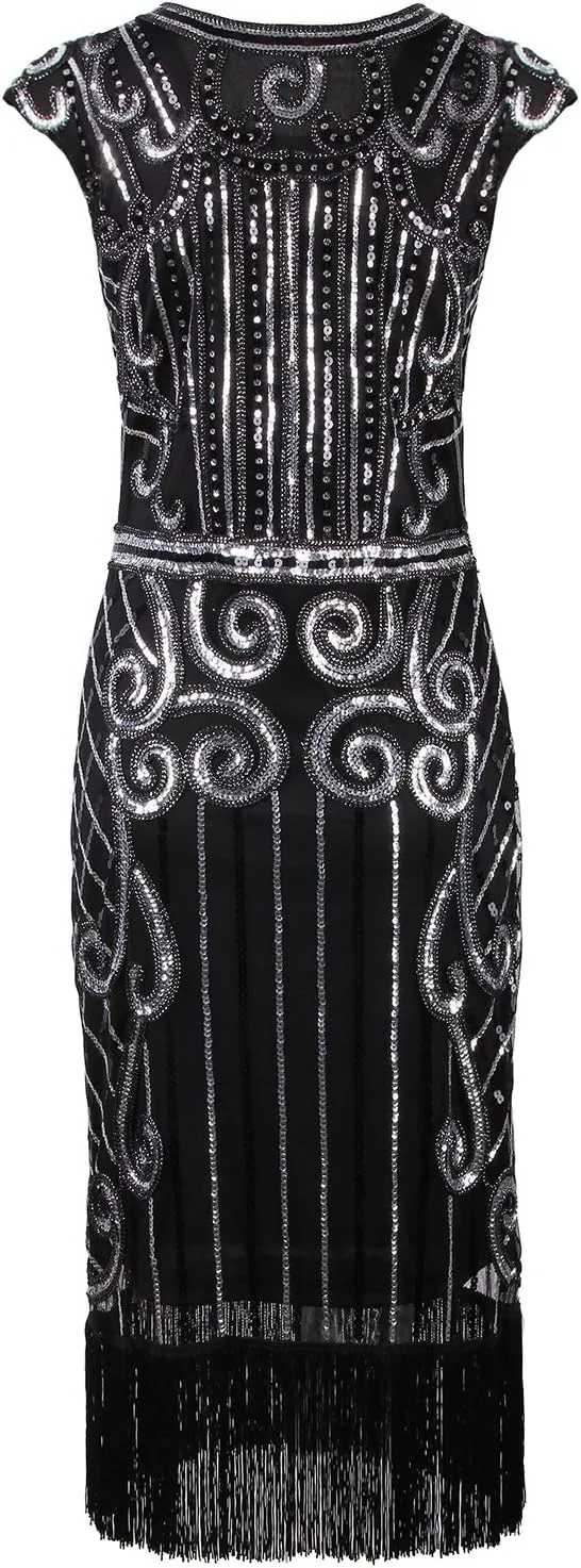 Vijiv 1920s Vintage Inspired Sequin Embellished Fringe Long Gatsby Flapper Dress