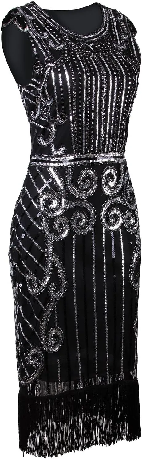 Vijiv 1920s Vintage Inspired Sequin Embellished Fringe Long Gatsby Flapper Dress