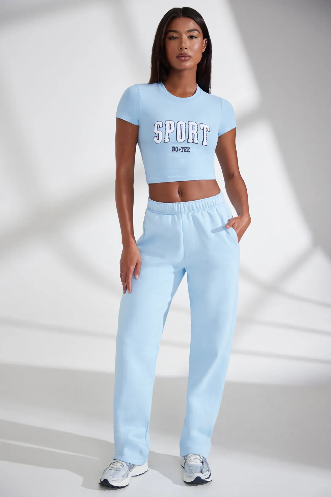 Wide Leg Embroidered Back Joggers in Baby Blue