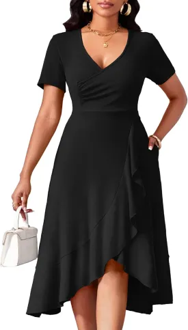 Women Dresses Short Sleeve Semi-Formal Knee Length V Neck Casual Ladies Dress