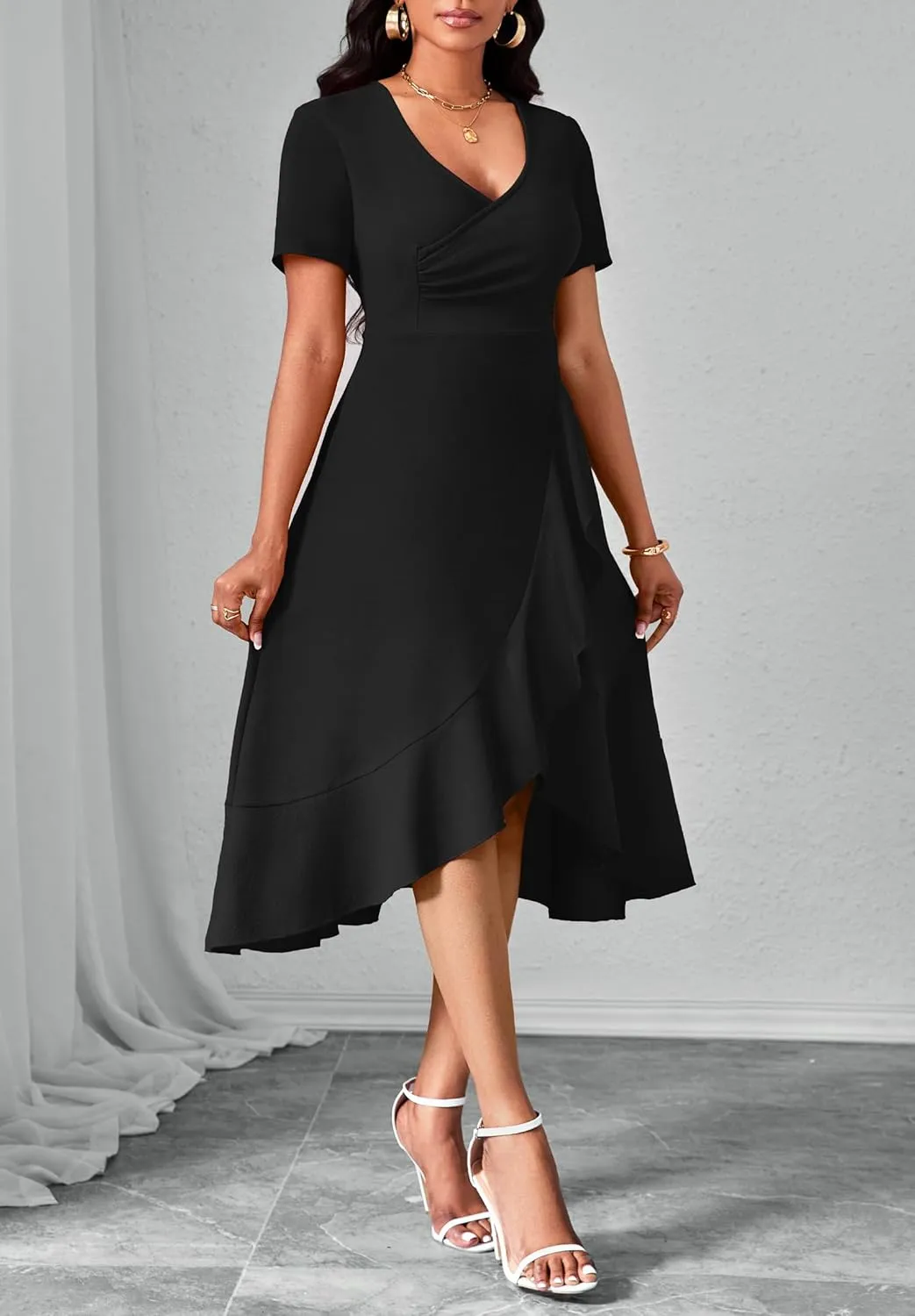 Women Dresses Short Sleeve Semi-Formal Knee Length V Neck Casual Ladies Dress