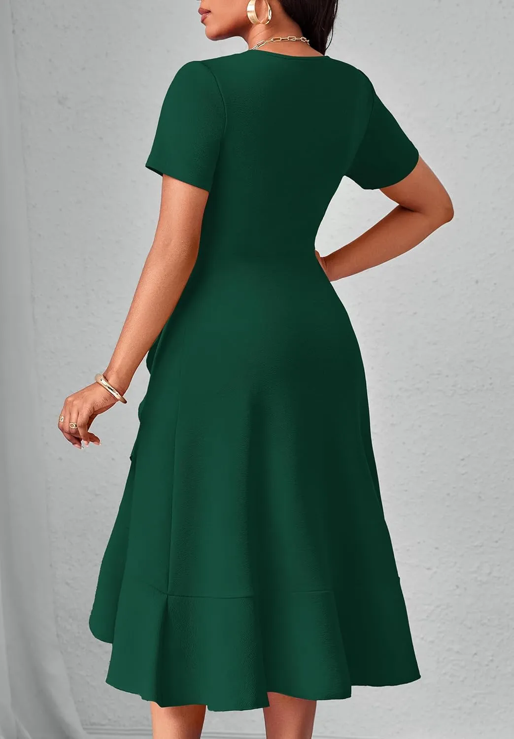 Women Dresses Short Sleeve Semi-Formal Knee Length V Neck Casual Ladies Dress