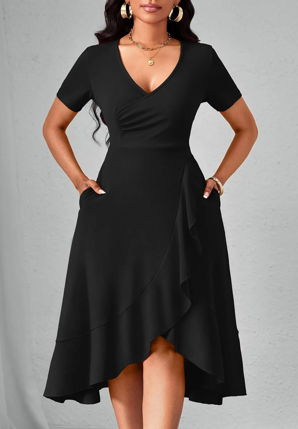 Women Dresses Short Sleeve Semi-Formal Knee Length V Neck Casual Ladies Dress