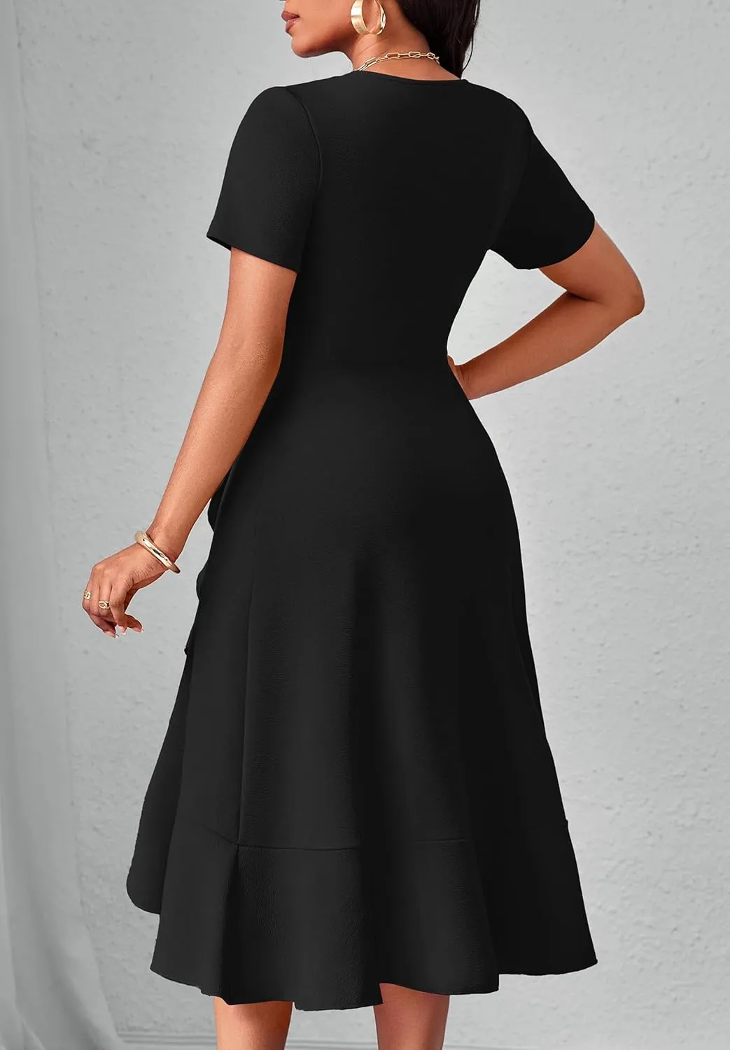 Women Dresses Short Sleeve Semi-Formal Knee Length V Neck Casual Ladies Dress