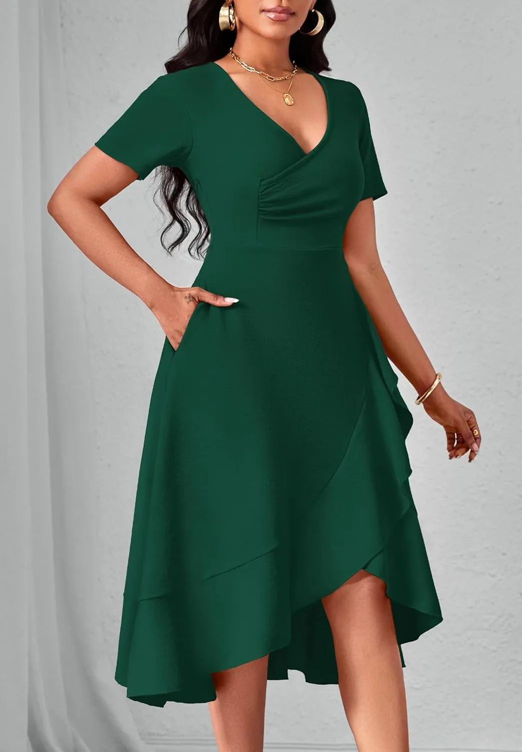Women Dresses Short Sleeve Semi-Formal Knee Length V Neck Casual Ladies Dress