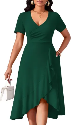Women Dresses Short Sleeve Semi-Formal Knee Length V Neck Casual Ladies Dress