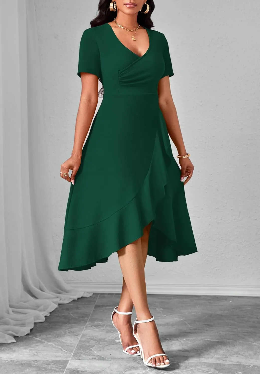 Women Dresses Short Sleeve Semi-Formal Knee Length V Neck Casual Ladies Dress