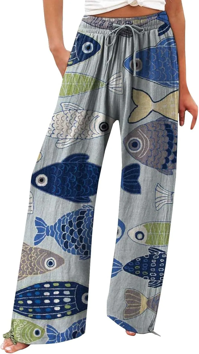 Women High Waisted Cotton Linen Palazzo Pants Dog Fish Graphic Wide Leg Long Lounge Pant Trousers with Pocket