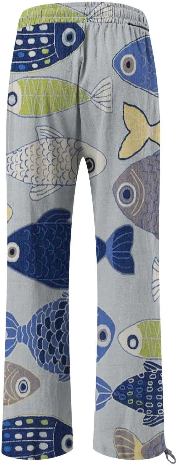 Women High Waisted Cotton Linen Palazzo Pants Dog Fish Graphic Wide Leg Long Lounge Pant Trousers with Pocket