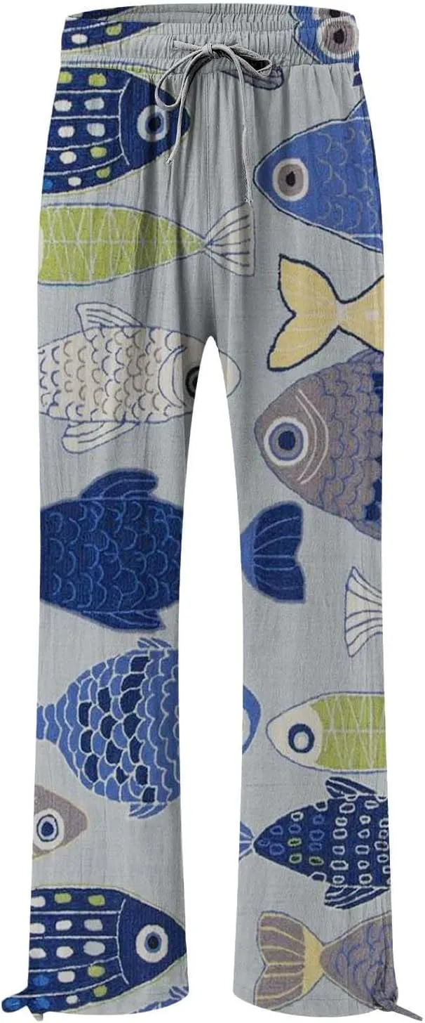 Women High Waisted Cotton Linen Palazzo Pants Dog Fish Graphic Wide Leg Long Lounge Pant Trousers with Pocket