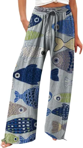 Women High Waisted Cotton Linen Palazzo Pants Dog Fish Graphic Wide Leg Long Lounge Pant Trousers with Pocket