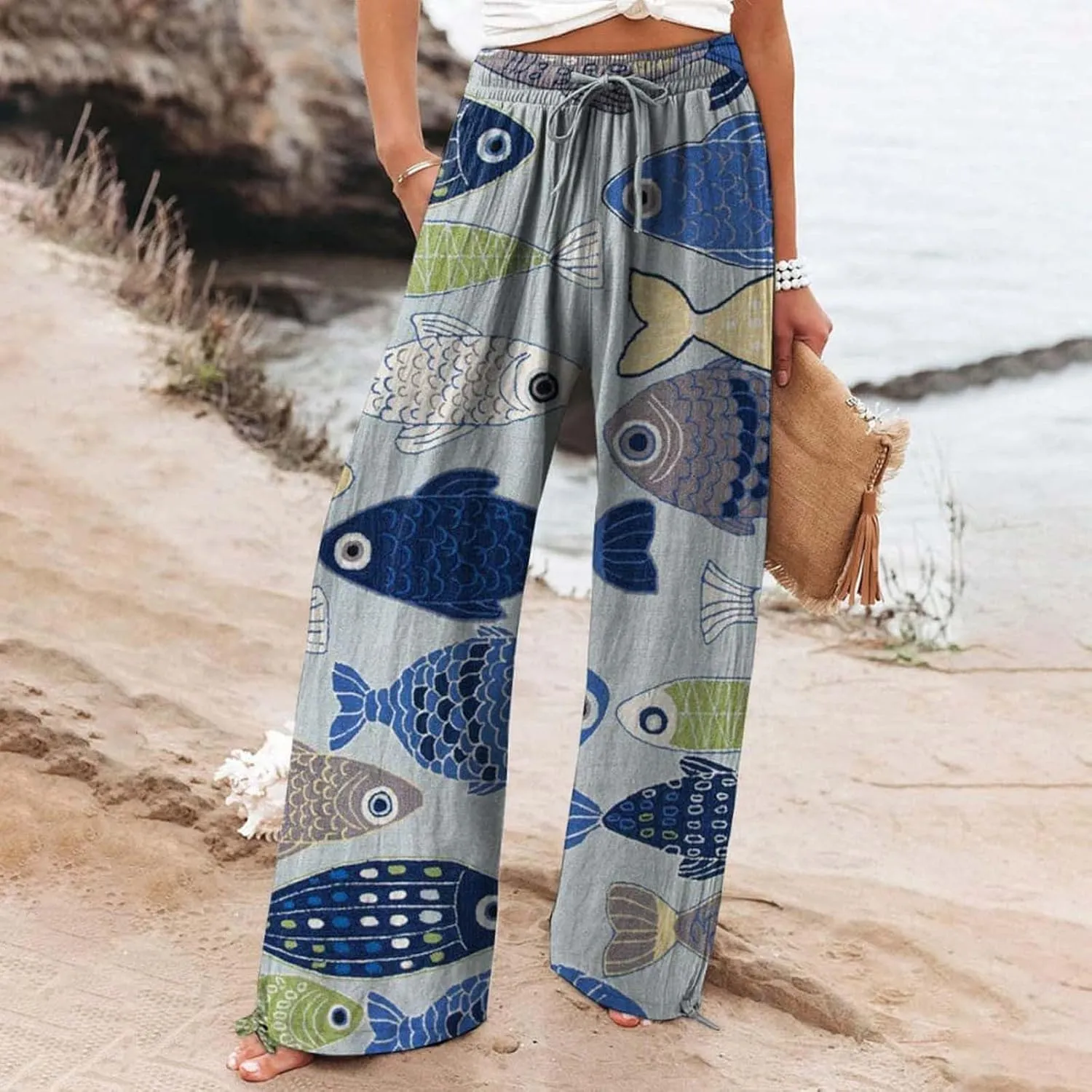 Women High Waisted Cotton Linen Palazzo Pants Dog Fish Graphic Wide Leg Long Lounge Pant Trousers with Pocket