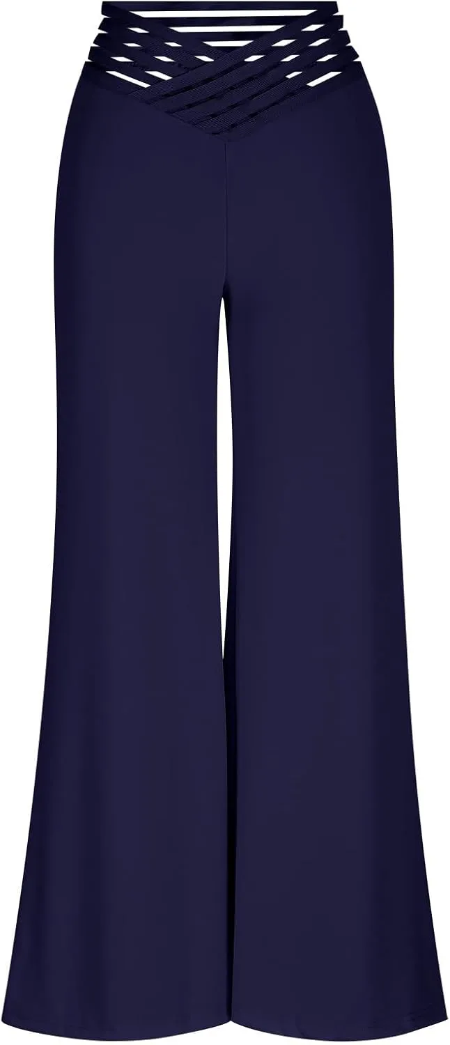Women Sexy Hollow Out Waist Pants Wide Leg Hide Belly Slacks Stylish Solid Color Loose Fit Trousers 2025