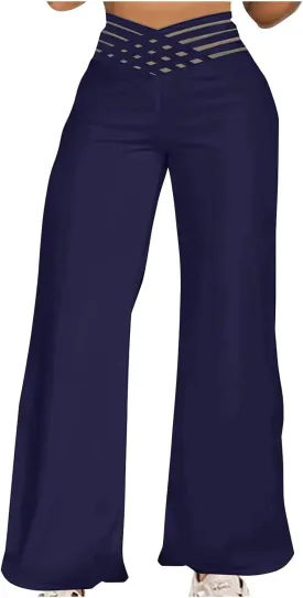Women Sexy Hollow Out Waist Pants Wide Leg Hide Belly Slacks Stylish Solid Color Loose Fit Trousers 2025