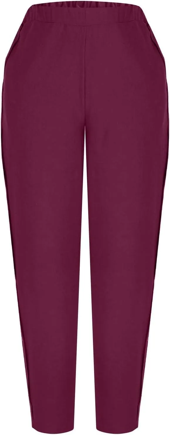 Women Summer Linen Pants Lightweight Elastic Waist Pants Vacation Beach Trouser Side Button Closure Joggers