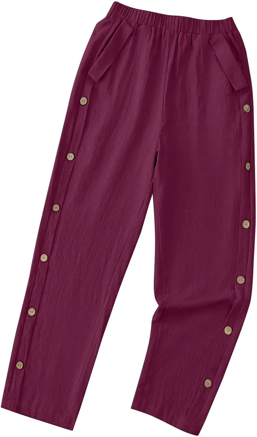 Women Summer Linen Pants Lightweight Elastic Waist Pants Vacation Beach Trouser Side Button Closure Joggers